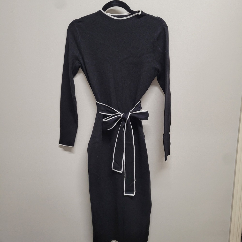Merokeety Black White Contrast Trim Tie Waist Long Sleeve Knit Sweater Dress S